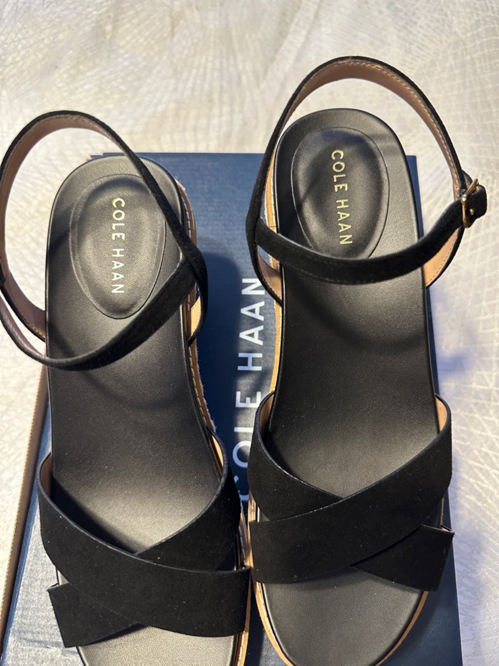Cole Haan Black Suede Wedge Sandals with Ankle Strap - Picture 5 of 8
